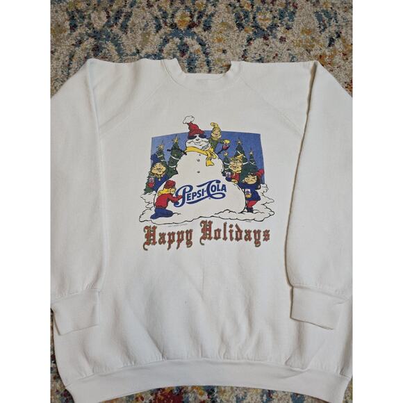 Vintage 90s Pepsi Cola Snowman Crewneck Pullover Size Large White Happy Holidays - Picture 1 of 7